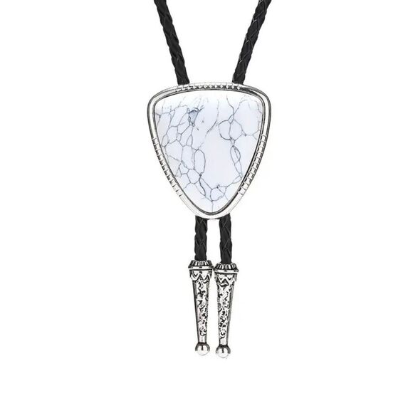 Triangle White Agate Stone Bolo Tie Mens Casual Western Cowboy Accessory - Picture 1 of 3